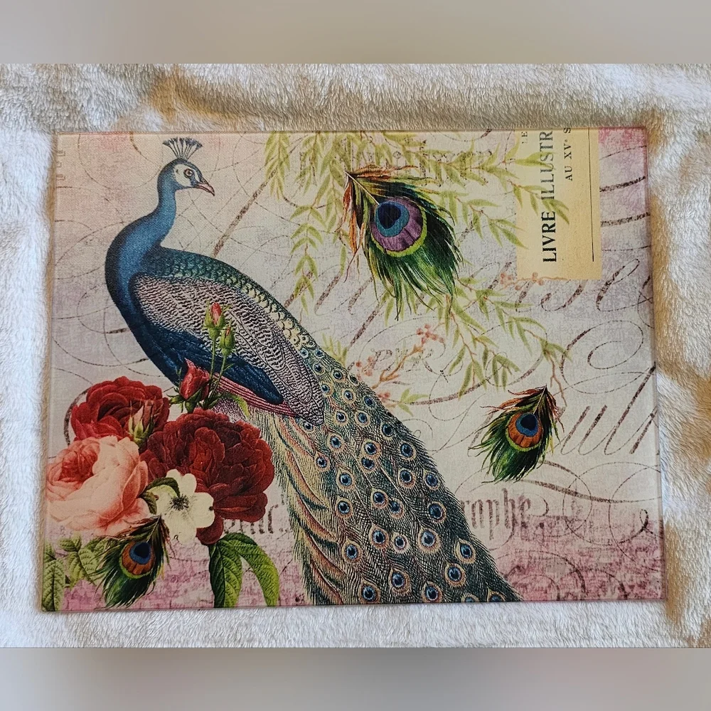 Colorful Peacock and Floral Art 12 X 15 Glass Cutting Board